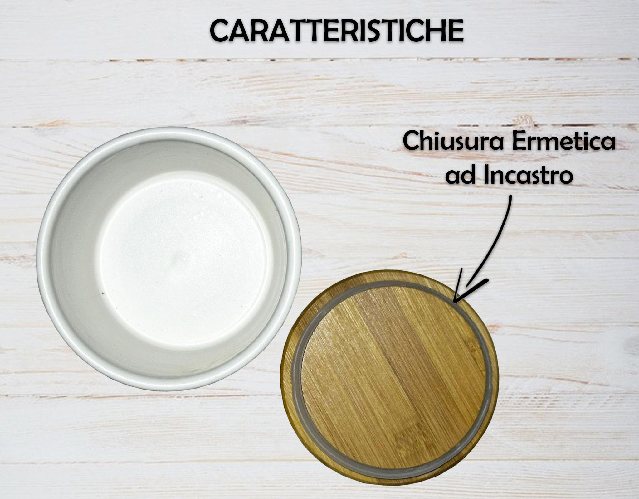 Set 3 Barattoli Ceramica Sale Zucchero Caffè con Tappo in Legno – Contenitori Cucina Ermetici Bianchi Stile Shabby – 10x13 cm
