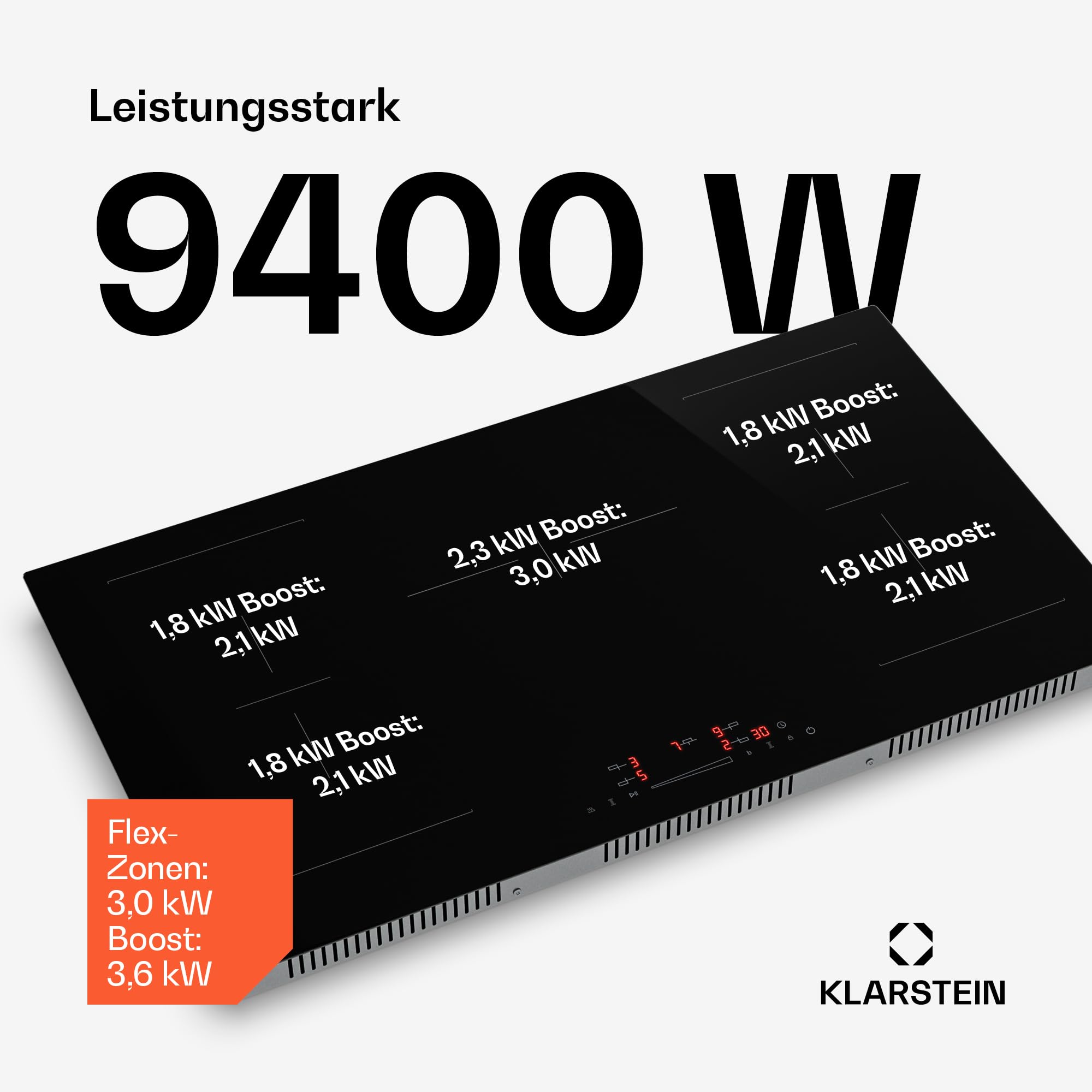 Klarstein HaloSync Induktionskochfeld mit Dunstabzug 90 cm – 5 Zonen, 11400W Boost, Touch-Slider, Flexzonen, Timer, Kindersicherung, Restwärmeanzeige, integrierter Dunstabzug