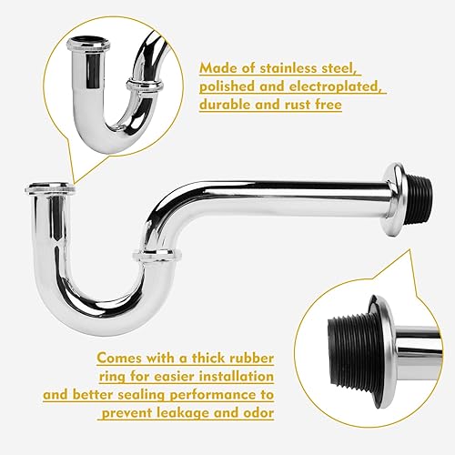 Miniatura 6 de Trampa de desagüe P para lavabo de acero inoxidable - 1 14 pulgadas con arandela reductora, acabado cromado, color plateado