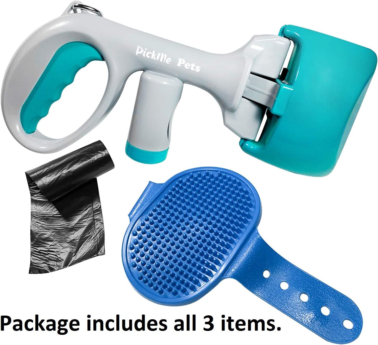 PickMe Pets Portable Handheld Dog Pooper Scooper, easily pick up pet poop without mess; no touch, nothing to clean. Claw jaw works great on grass, gravel, or dirt. Bonus roll of bags and Rubber Brush.