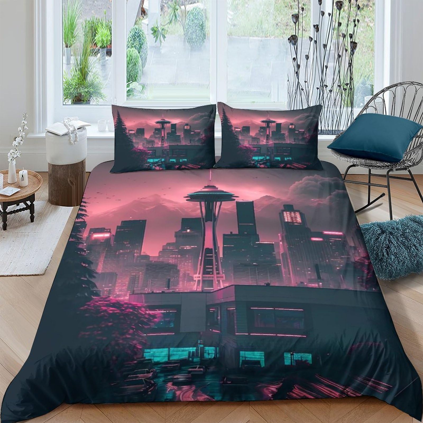 Ctjqhvkz Style-2 3D Printed Cyberpunk City Fitted Sheet Microfiber Soft Breathable Neon Skyline Bed Cover For Bedroom Decor Mattress Protection Single（135X200cm）