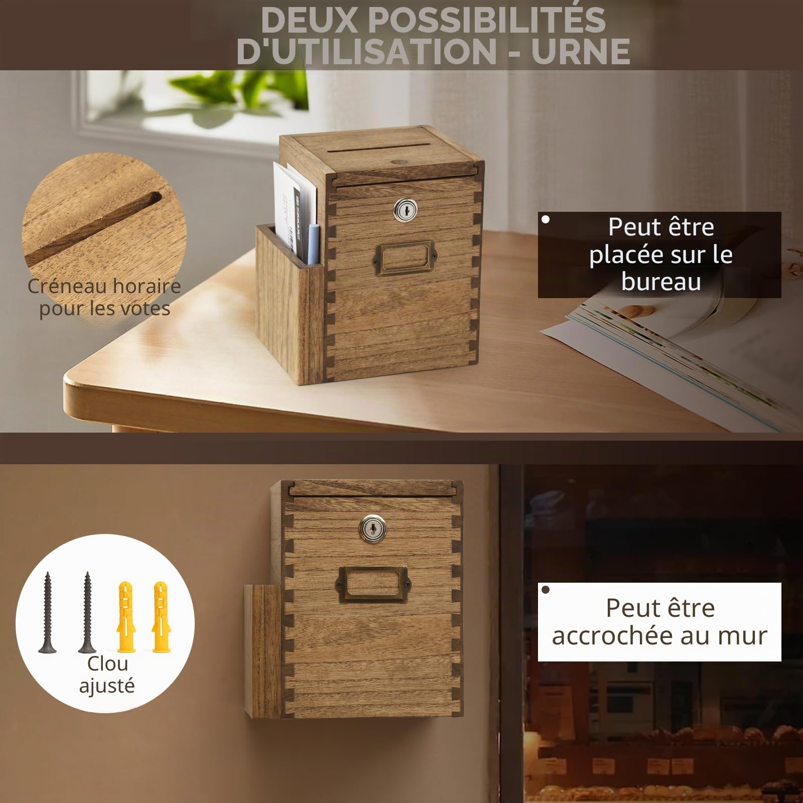 KIRIGEN Boîtes à suggestions en bois Boîtes à suggestions verrouillables pour bureaux, écoles, hôpitaux Boîtes de vote pour les dons jaune-brun