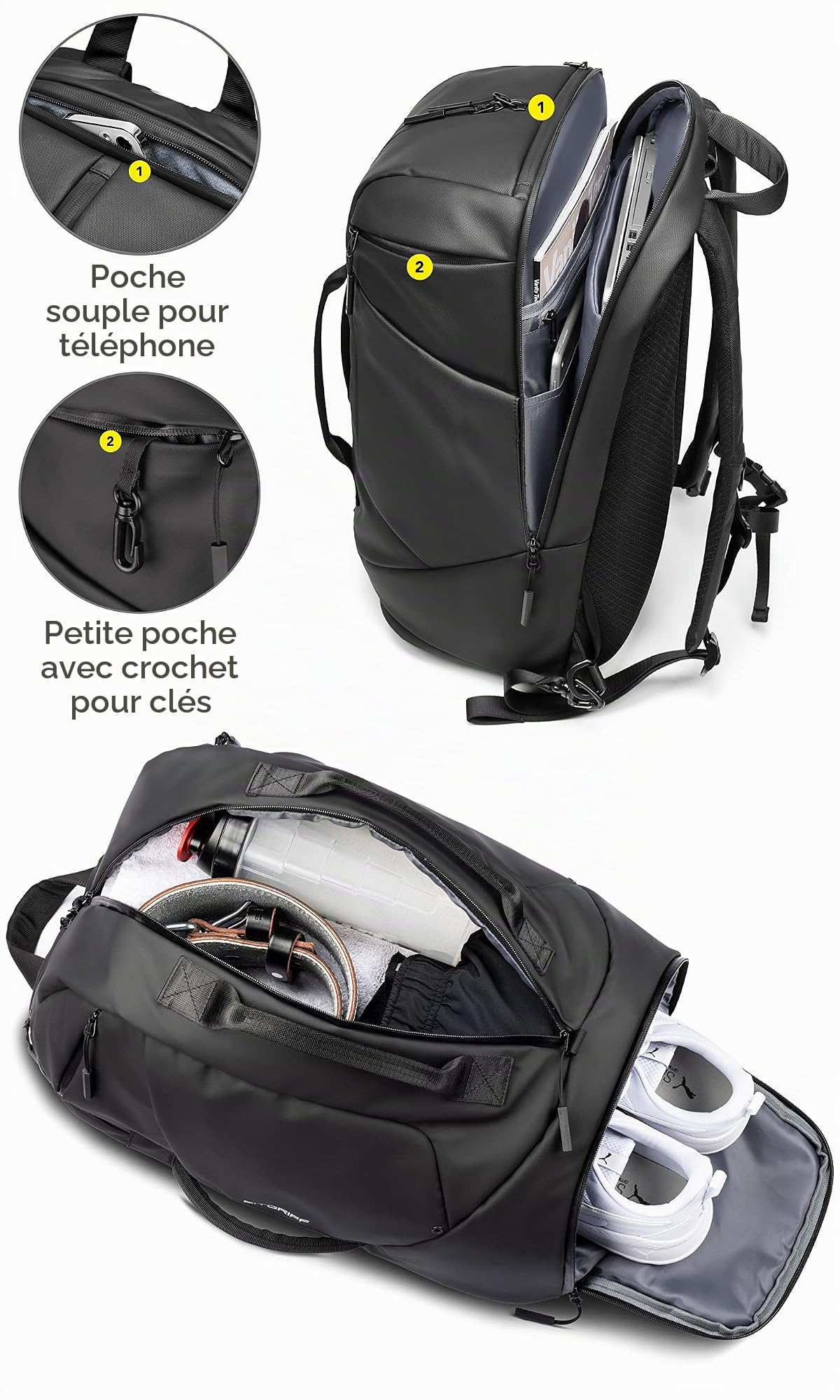 Fitgriff® Sac de Sport a Dos - Sacs à Dos avec Compartiment pour Chaussures et Ordinateur Portable - pour Voyage et Fitness - Homme & Femme, Backpack (35L) (Black)