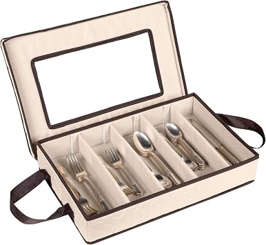 Flatware Storage Case 5 Compartments Silverware Container Box, Beige | Durable Box with Removable Lid and Easy to Carry Handles, Large Capacity Keeps Your Cutlery Organized & Protected
