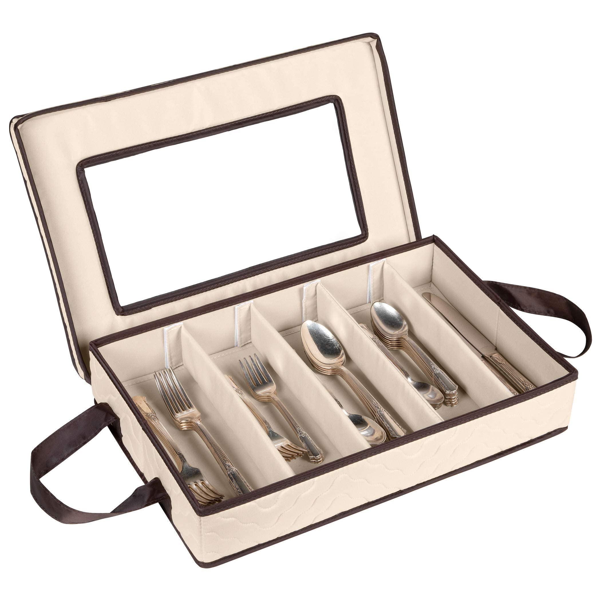 Flatware Storage Case 5 Compartments Silverware Container Box, Beige