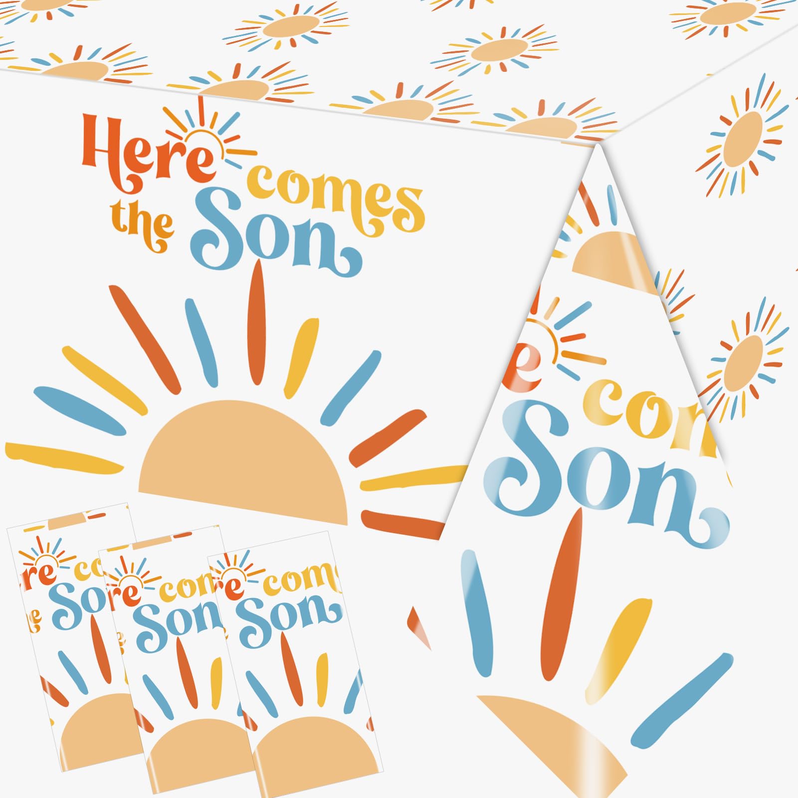 Dydamud 3Pcs Here Comes The Son Baby Shower Decorations Tablecloths Plastic Sunshine Table Covers Disposable Boho Sun Party Table Cloth for Boy, Here