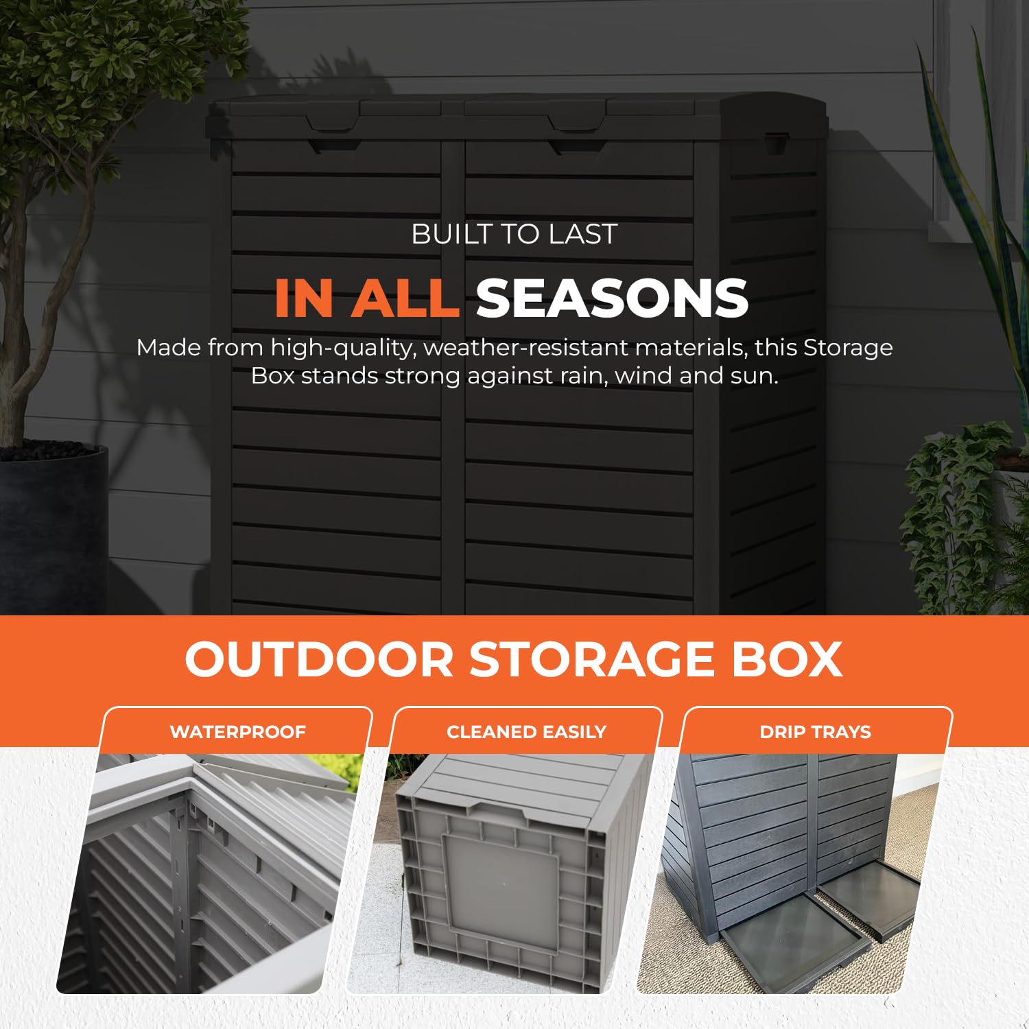 Große Aufbewahrungsbox für den Außenbereich mit abschließbarem Deckel – wetterbeständiges Harz oder Polypropylen – 118 l bis 880 l – wasserdichte Deckbox für Terrasse, Garten, Garage