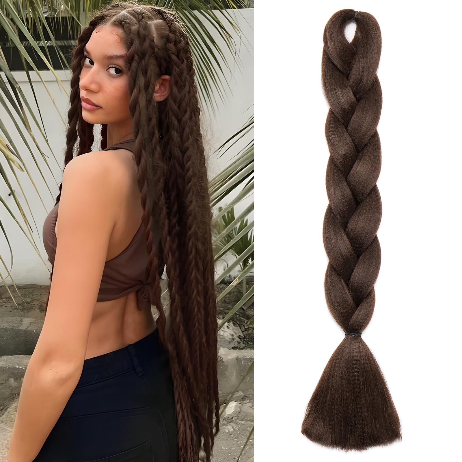 Benehair Braiding Hair Long Braids Extensions Hair 24 Inches Colorful Synthetic Hair for Braid Human Braiding Hair Brown Hair Extensions for Women(Brown