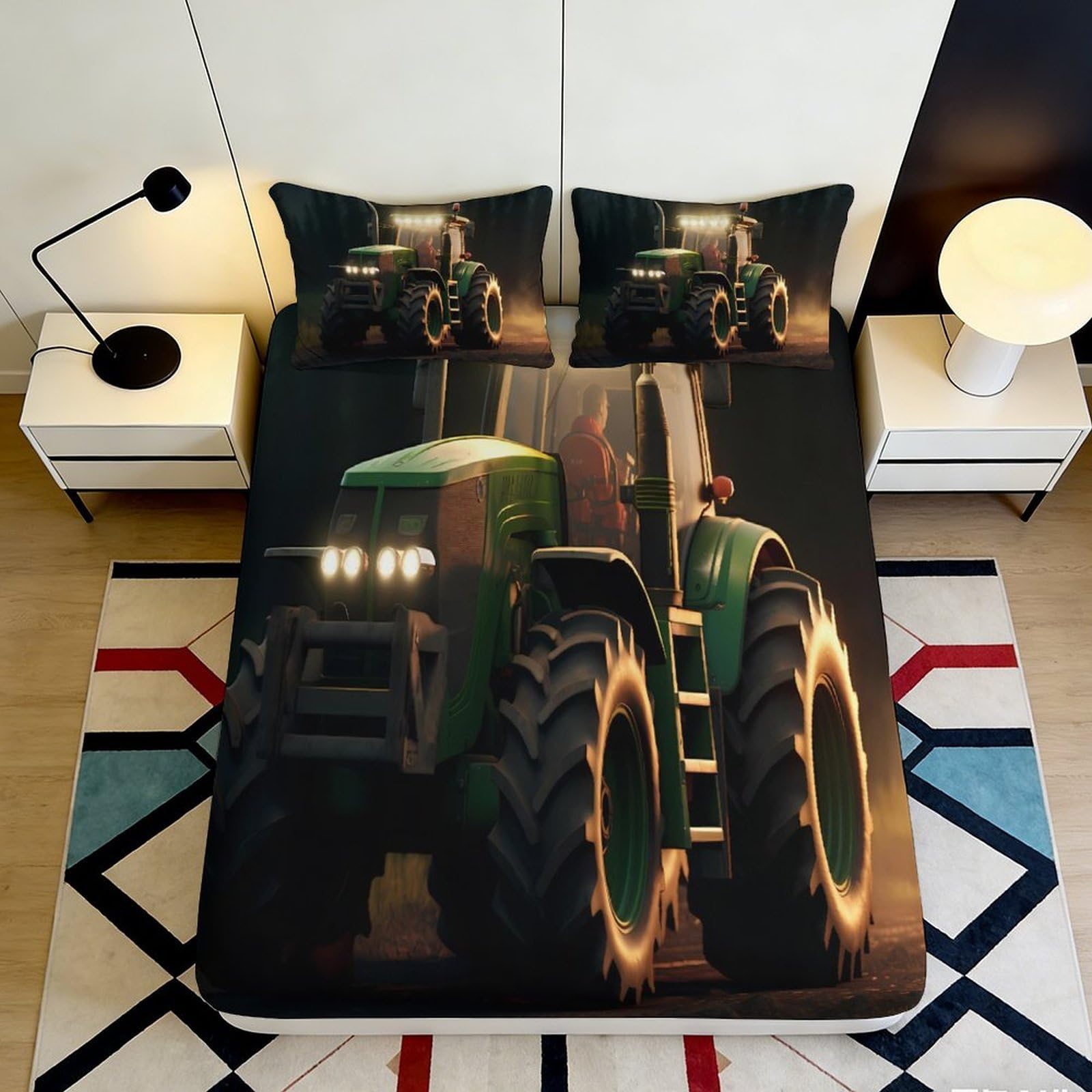 3D Printed Tractor Green Fitted Sheet Microfiber Durable Breathable Farm Vehicle Bed Cover for Bedroom Dormitory Guest Room Mattress Protection 140x200x25cm