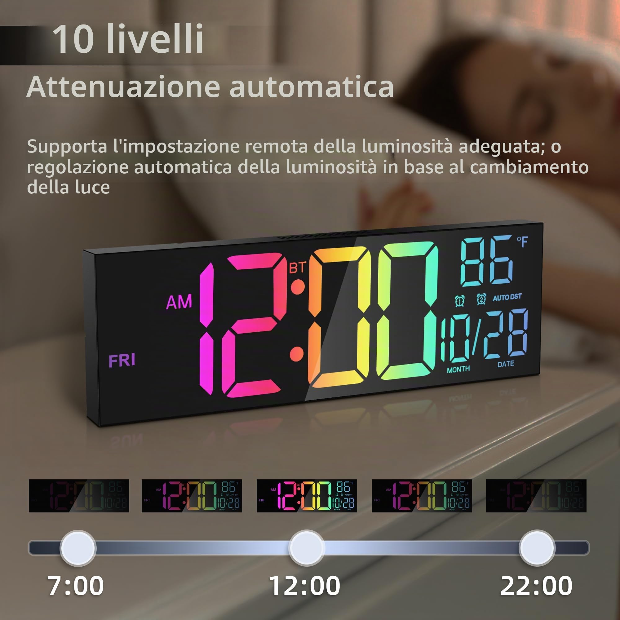 Orologio da Parete Digitale 16,5" con Bluetooth, Luce Notturna, Dimerabile, 2 Allarmi, Temperatura, Colori RGB, Telecomando, 12/24H, Timer – Salotto, Ufficio, Anziani