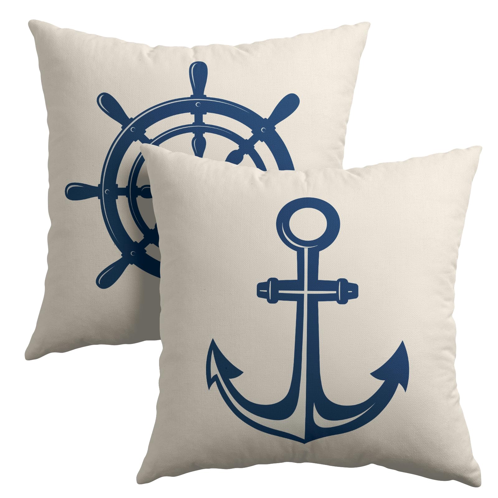 Beige Nautical Pillow Covers Navy Blue Coastal Anchor Helm Navigation Pattern Decorative Pillowcase Summer Ocean Theme Throw Pillow Cover for Home