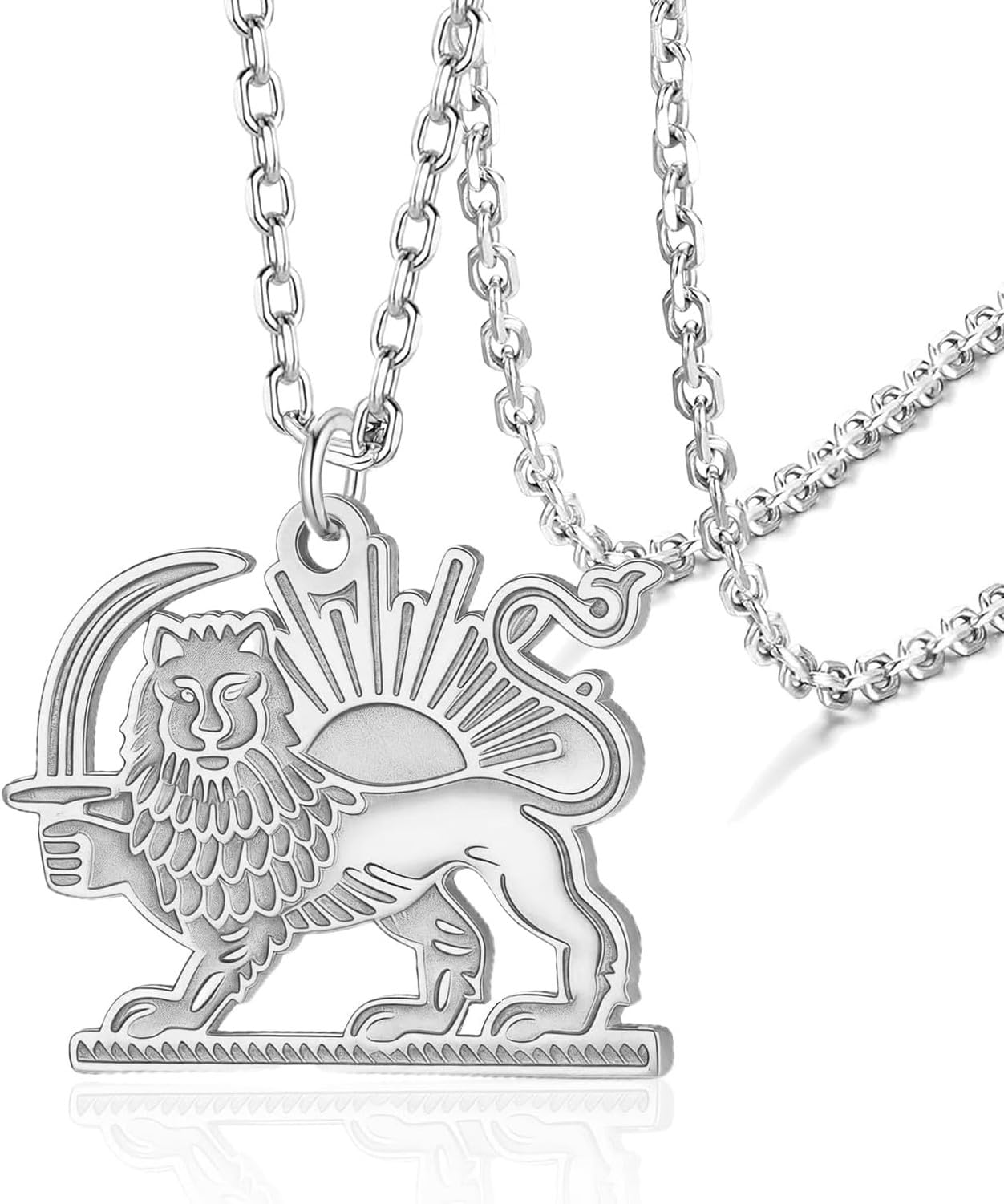 GYFGRTQ Steel Necklace Lion and Sun Pendant Shir Khorshid Persian Jewelry Ancient Iranian Pendant, Silver 2