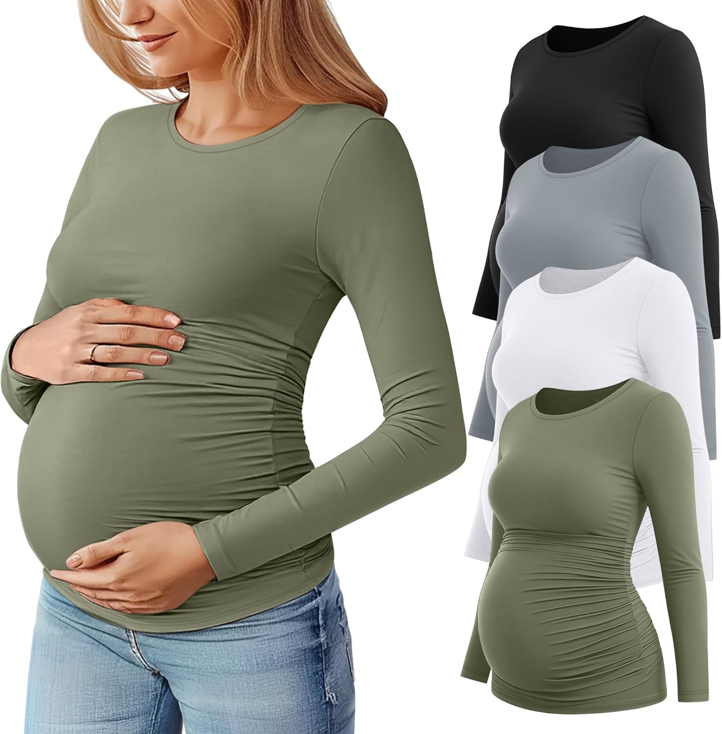 Huukeay 4 Pack Women's Maternity T Shirts, Long Sleeve Side Ruched Pregnancy Top Crew Neck Bodycon Shirts Casual Mama Clothes