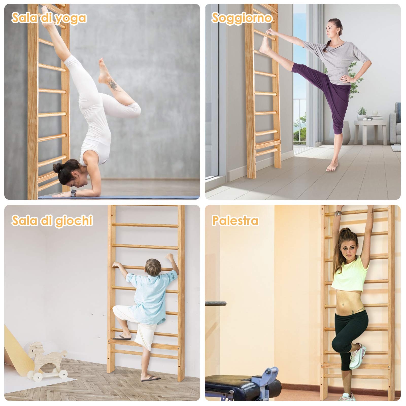 RELAX4LIFE Espaldera Gimnasio Casa de Madera Maciza de Pino con 10 Barras, Espaldera Madera de Pared para Niños y Adultos, Gimnasio Pared, Carga 150 kg, 195 x 80 x 14 cm