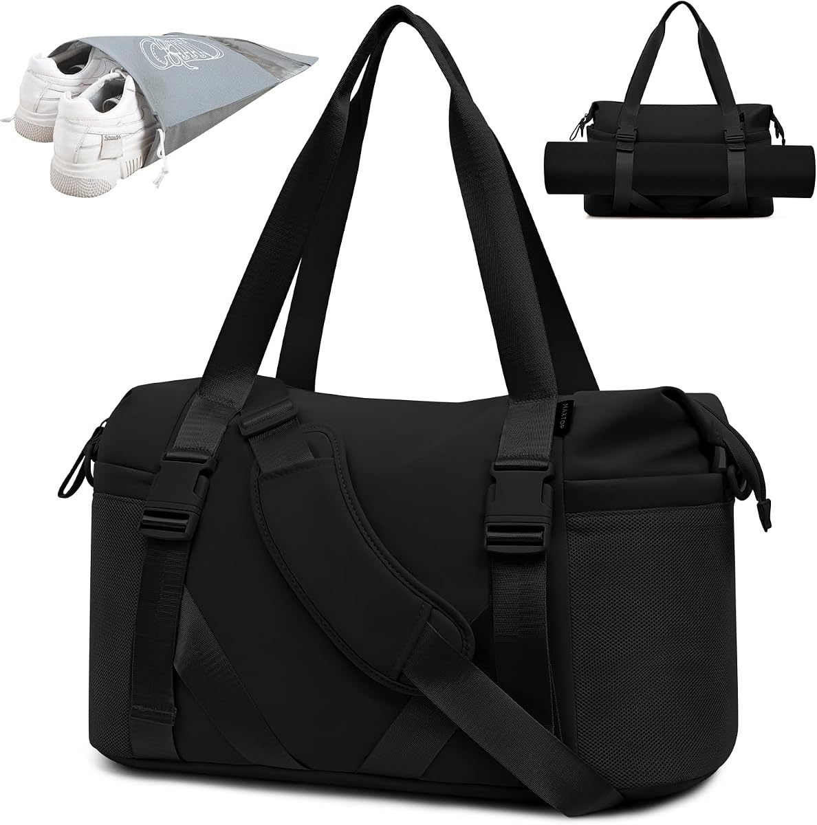 Bolsa de yoga para mujer con bolsa para zapatos, bolsa de viaje para entrenamiento diario en el gimnasio | 2 bolsas adicionales para zapatos, correas para esterilla de yoga, separación de ropa seca y húmeda, bolsa de mano ideal para entrenamiento durante la noche, gimnasia, ejercicio, danza