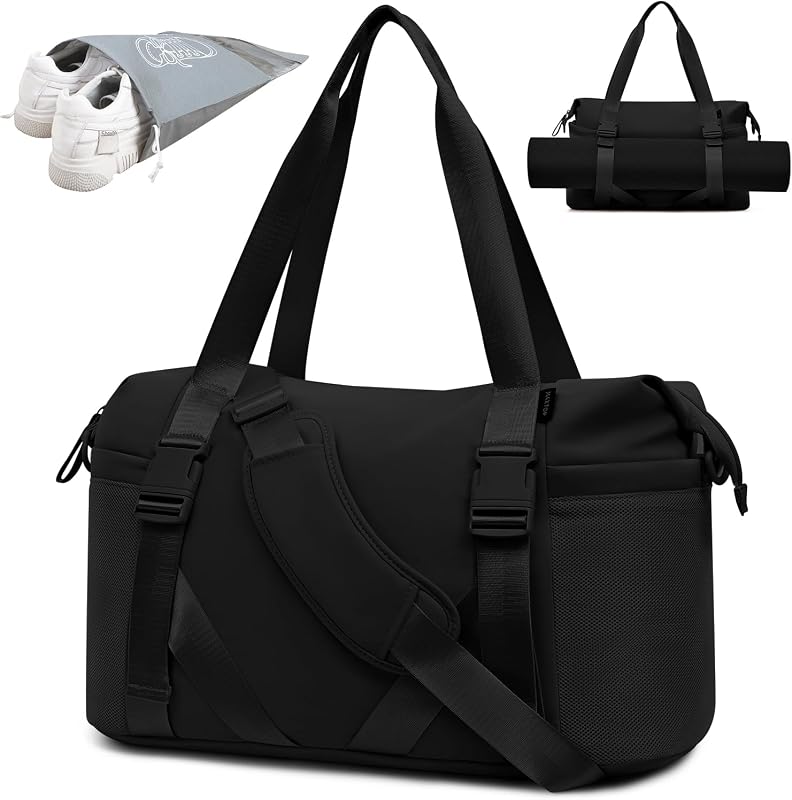 Bolsa de yoga para mujer con bolsa para zapatos, bolsa de viaje para entrenamiento diario en el gimnasio | 2 bolsas adicionales para zapatos, correas para esterilla de yoga, separación de ropa seca y húmeda, bolsa de mano ideal para entrenamiento durante la noche, gimnasia, ejercicio, danza