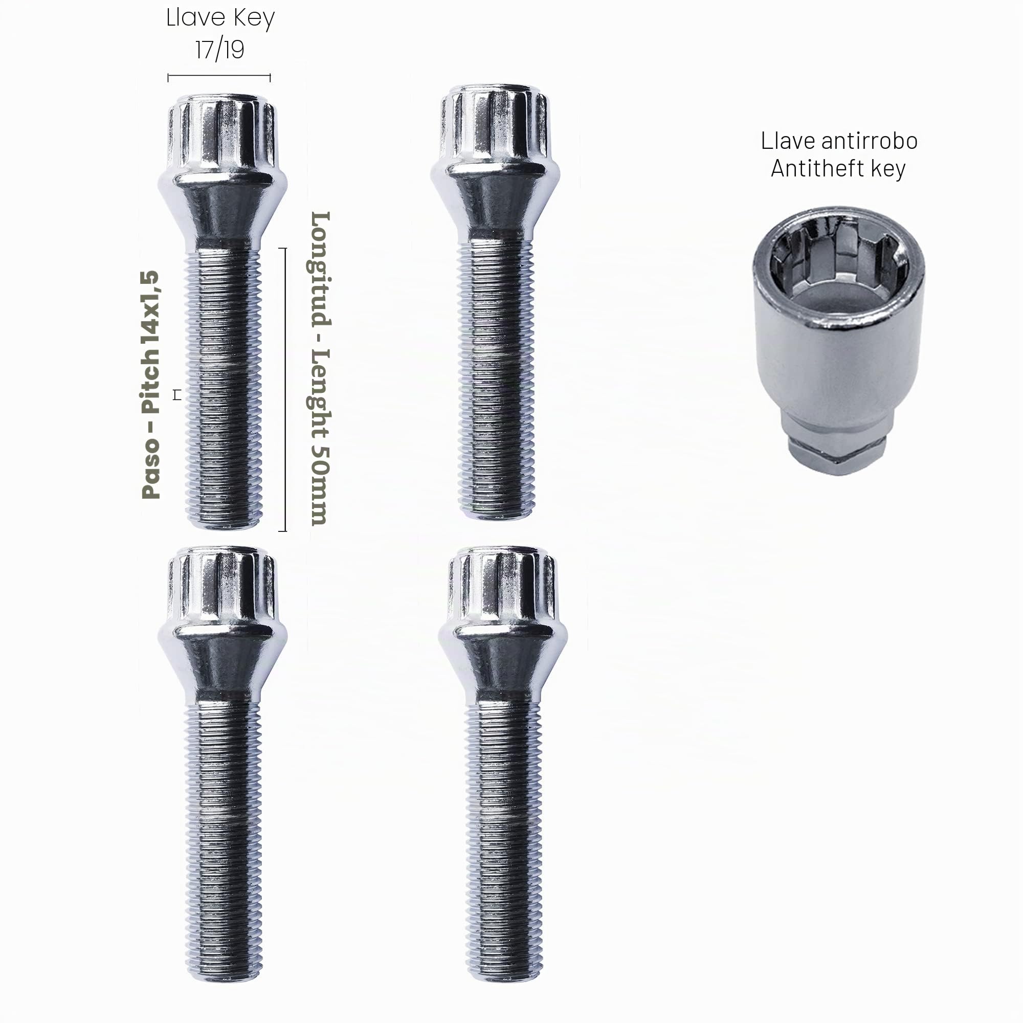 SIMONI RACING BRA/70 Kit 4 pernos antirrobo - Tornillos antirrobo para ruedas llave 17-19 M14x1.5 Longitud 50 mm