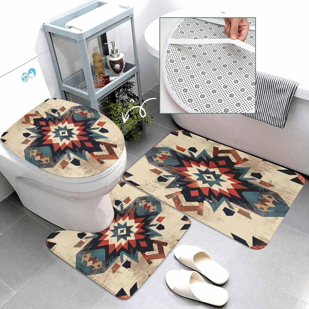 Southwestern Bathroom Set, 4-Piece with Shower Curtain, Bath Mat, Contour Rug, Toilet Lid Cover, Native American Pattern