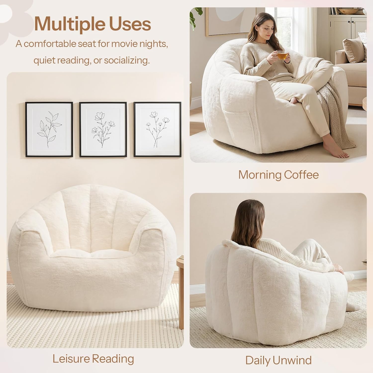 HOOBRO Bean Bag Chair, Oversized Bean Bag Sofa for Adults, Comfy Faux Fur Reading Chair with Memory Foam Filling, Stuffed Large Lounge Floor Sofa for Bedroom, Corner, White WT01SO01 - Image 4