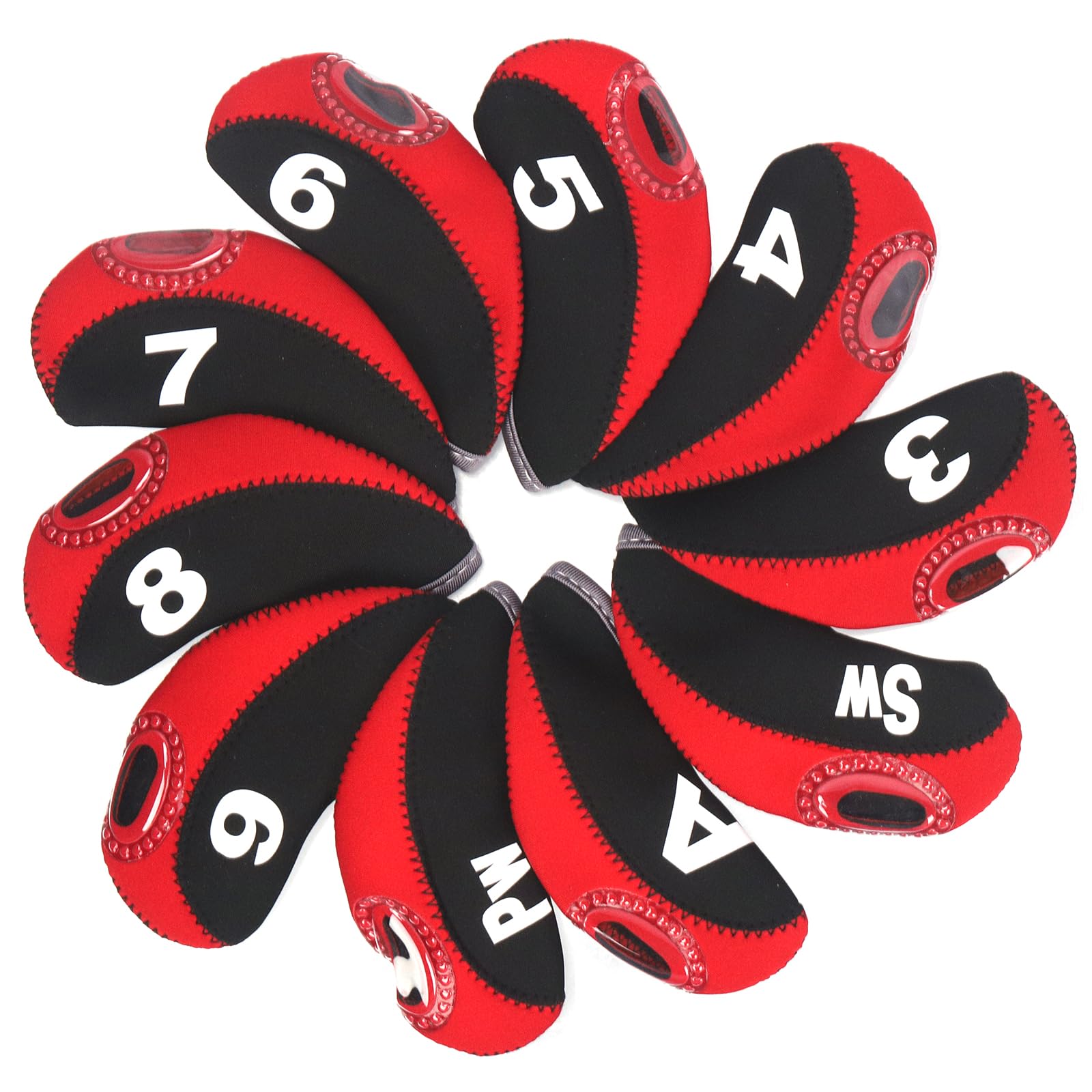 Rustark 10Pcs Black & Red Golf Irons Head Covers Neoprene Golf Club Headcovers with Transparent Window and Number Print Fit for All Brands Golfs Iron Club