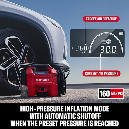Miniatura 4 de CRAFTSMAN Kit de inflado de neumáticos 3 en 1 con batería y cargador, compresor de aire portátil de 160 PSI, aspiradora de automóvil y soplador de