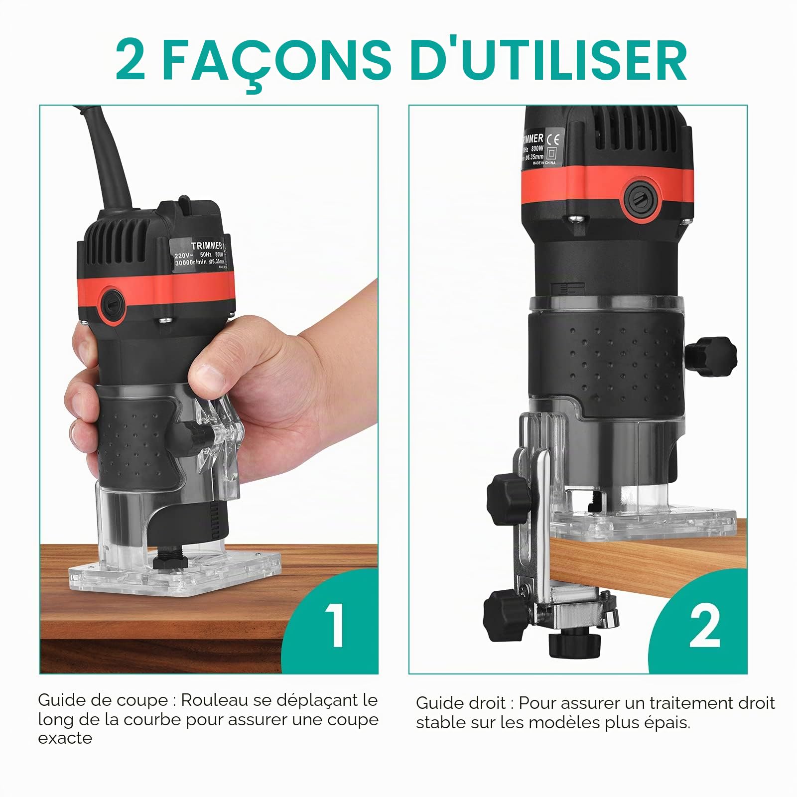 Toupie à Bois Compacte 800W 6.35mm 30000r/min Toupie à Main Portable pour Le Travail du Bois Trimmer électrique Toupie à Bois avec 15 Mèches de Toupie DIY