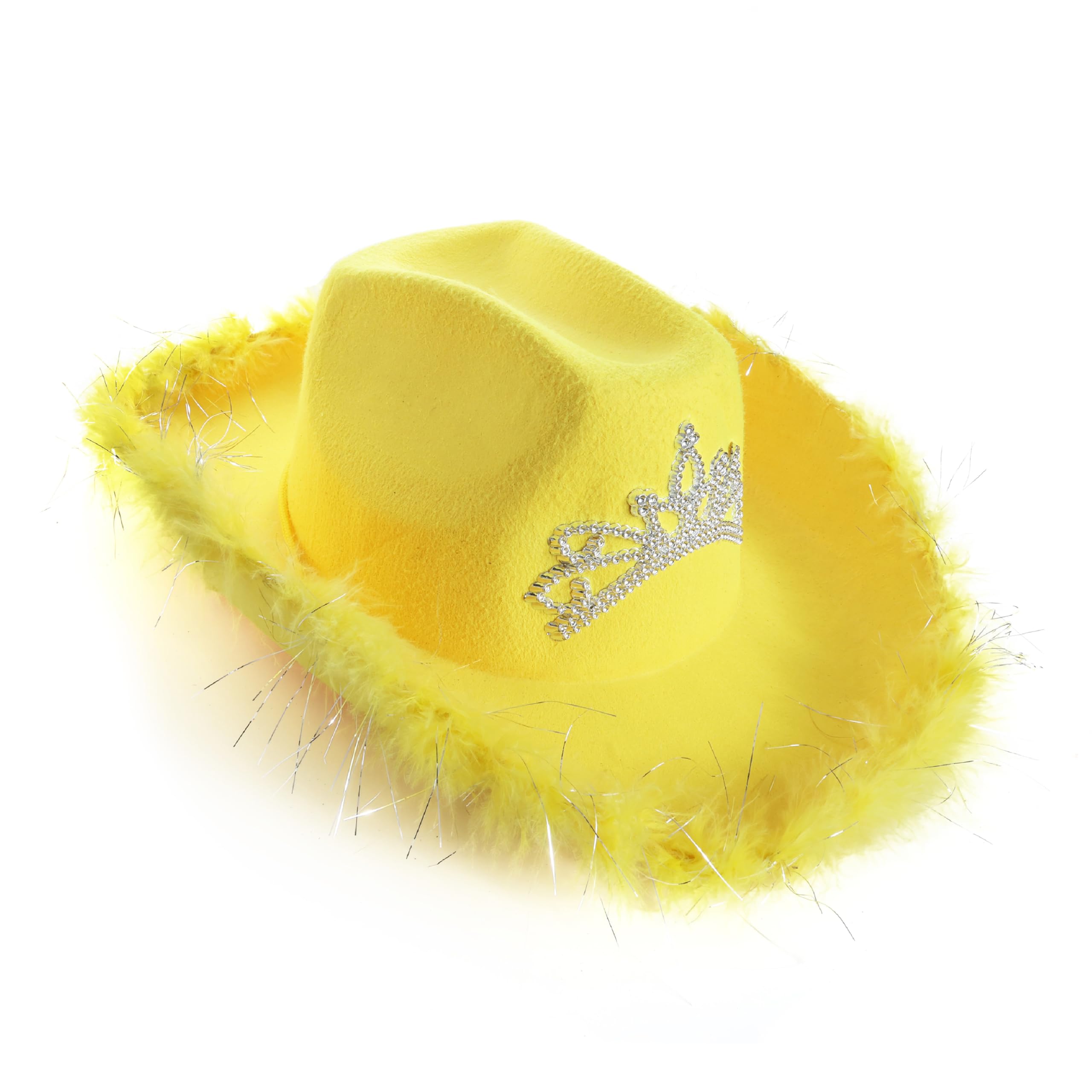 Yellow Tiara Cowgirl Hats - Pack of 3 - Yellow Cowgirl Hat with Marabou Trim and Tiara Decoration - Adults Festival Music Fancy Dress Accessory — image 1