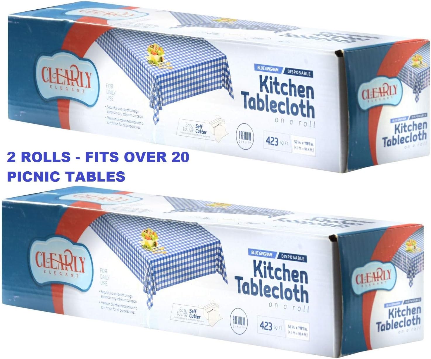Lіmіtеd Stосk Gingham Picnic/Party Plastic Tablecloth Roll, Disposable Picnic Colored Table Cloth On a Roll with Self Cutter Box,Indoor/Outdoor, by Clearly Elegant (2 Rolls Blue Gingham)