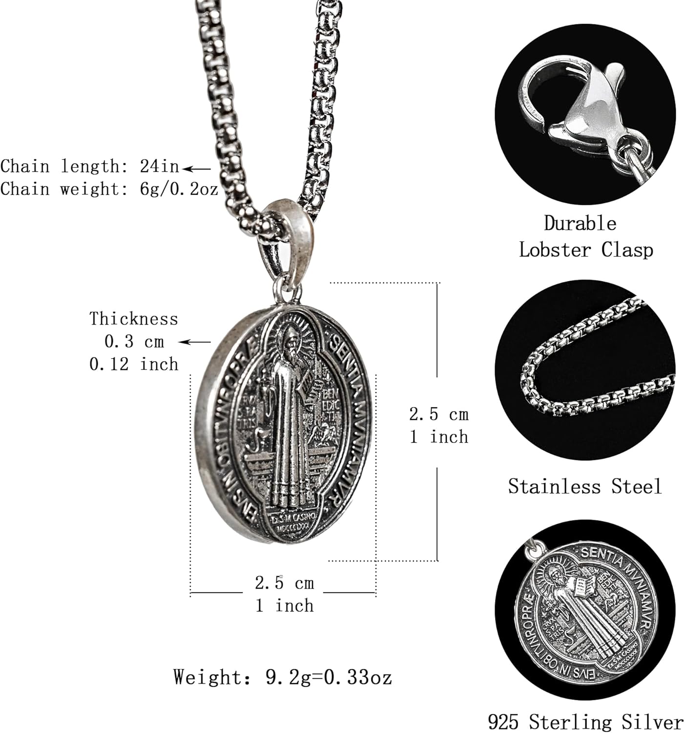 BGCOPPER Sterling Silver Saint Benedict/Virgin Mary/Sacred Heart of Jesus Pendant Necklace for Men Women, St Benedict Medal/Lady of Guadalupe/Jesus Necklace Religious Christmas Gift - Image 2