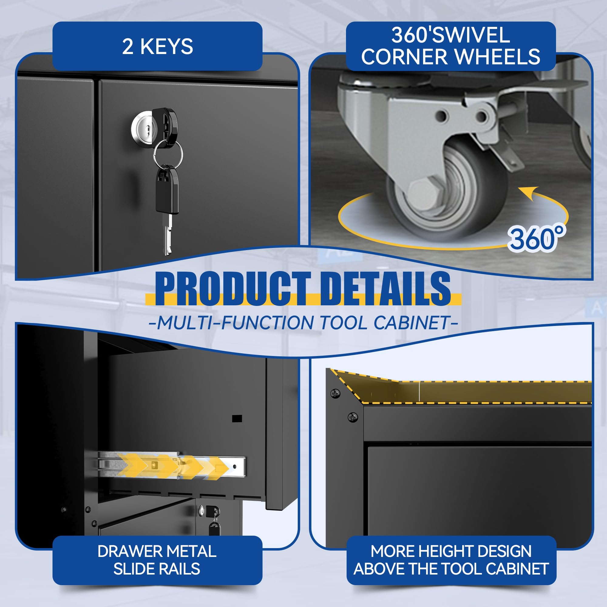 Tool Cabinets for Garage, Lockable Garage Rolling Tool Chest Storage Cabinet with Wheels, Doors and Drawer