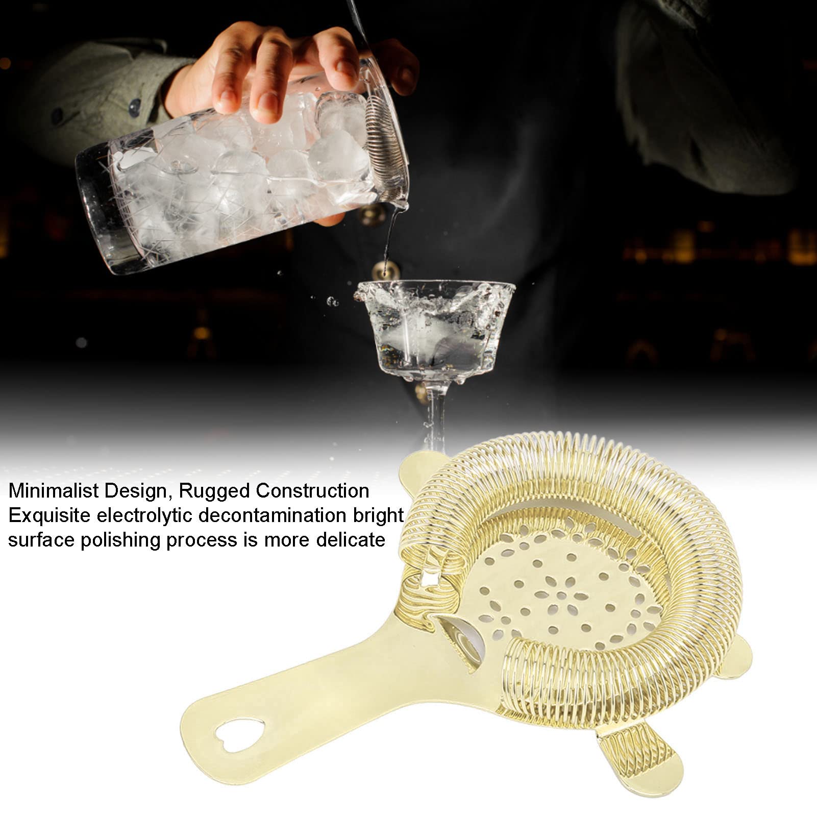 Jeanoko 1PCS Cocktail Strainer, Bar Strainer,Stainless Steel Ice Filter Bartender Accessories, Drink Strainer for Home Mini Bars Restaraunt (Gold)