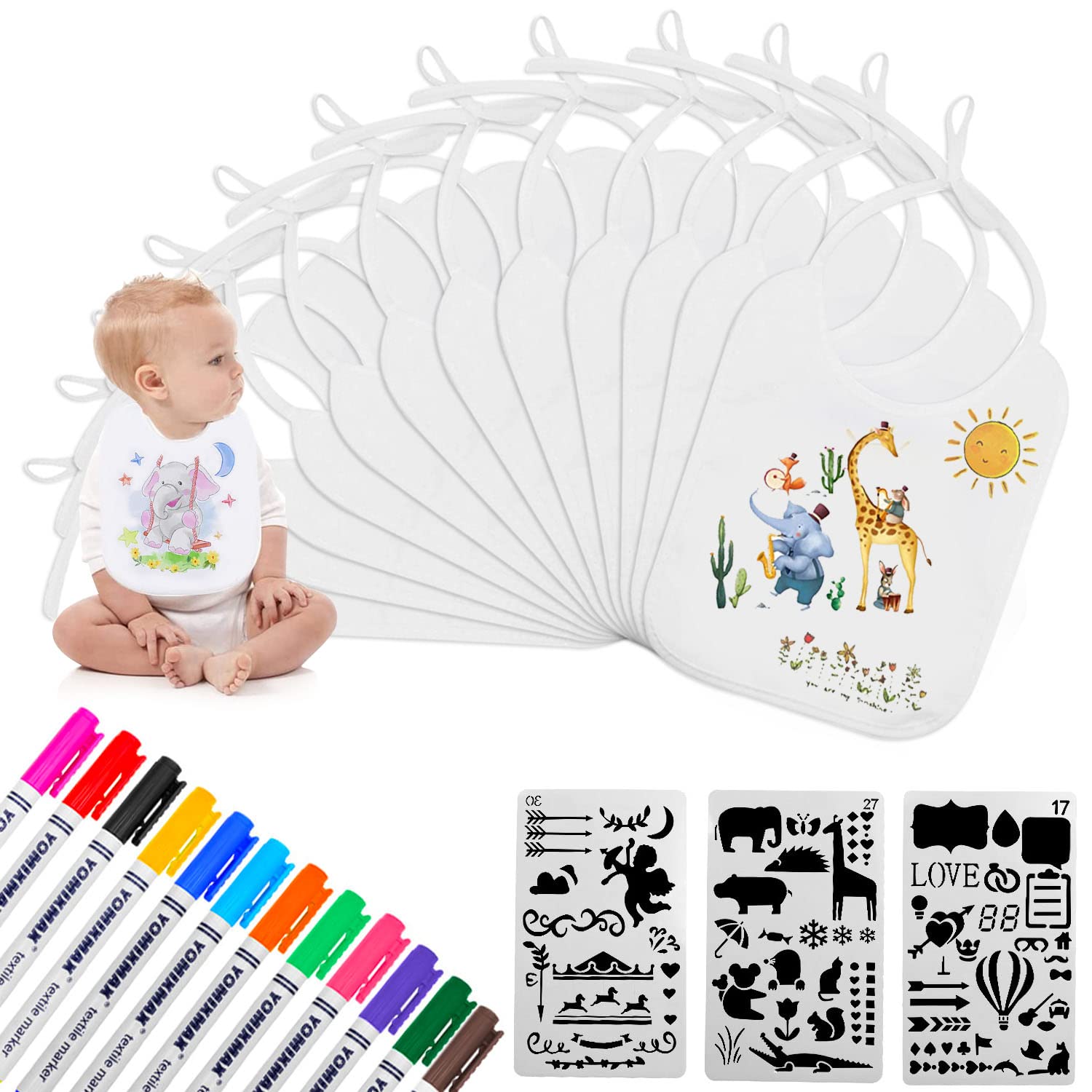 Aohcae 12 sztuk śliniaczek do malowania, do malowania, na baby shower, 12 pisaków tekstylnych i 3 szablony do malowania, na baby shower, imprezę, dla chłopców i dziewczynek
