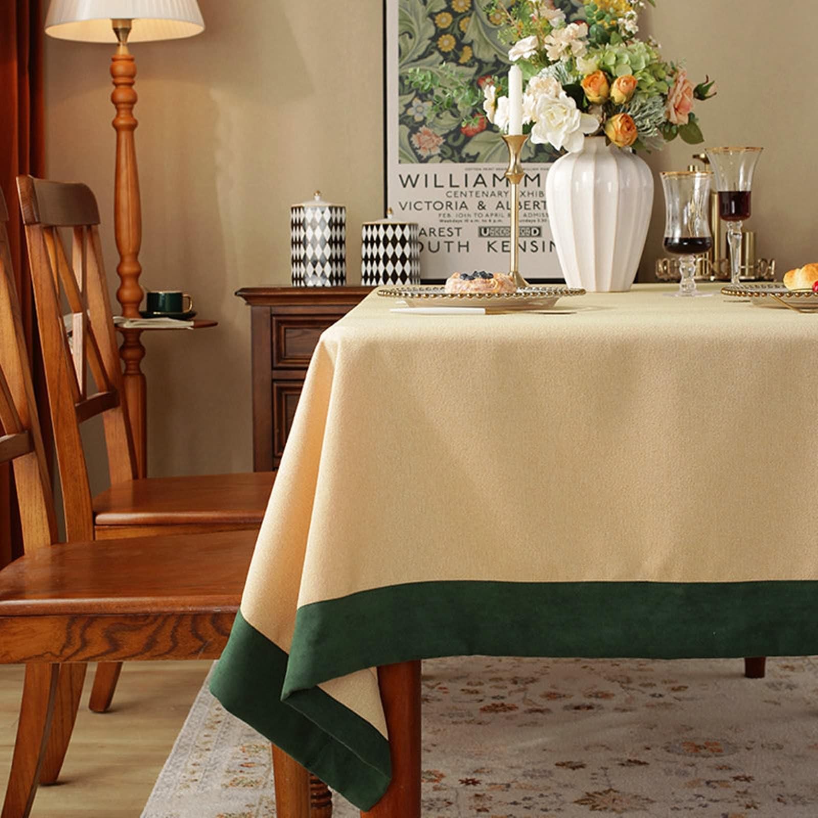 Rechteckige Tischdecke 110x170 cm, Polyester Tischtuch Abwaschbar Einfarbig mit Grün Rand Tischwäsche für Outdoor Party Küche, Gelb