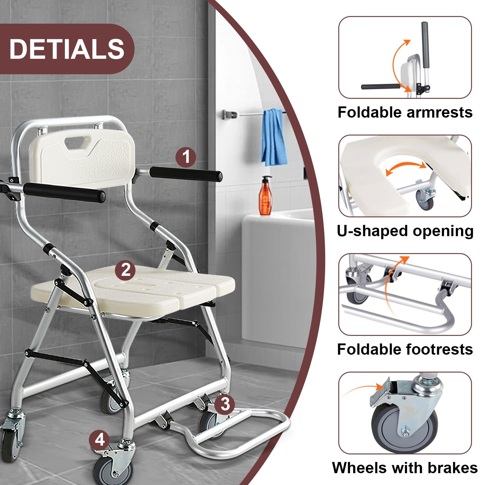 Sedia Doccia Disabili con Ruote, Pieghevole Sedia a Rotelle per la Doccia, Sgabello per Doccia Anziani, Bagno Sedia con Schienale e Braccioli, Robusto e Durevole, Portata 120kg