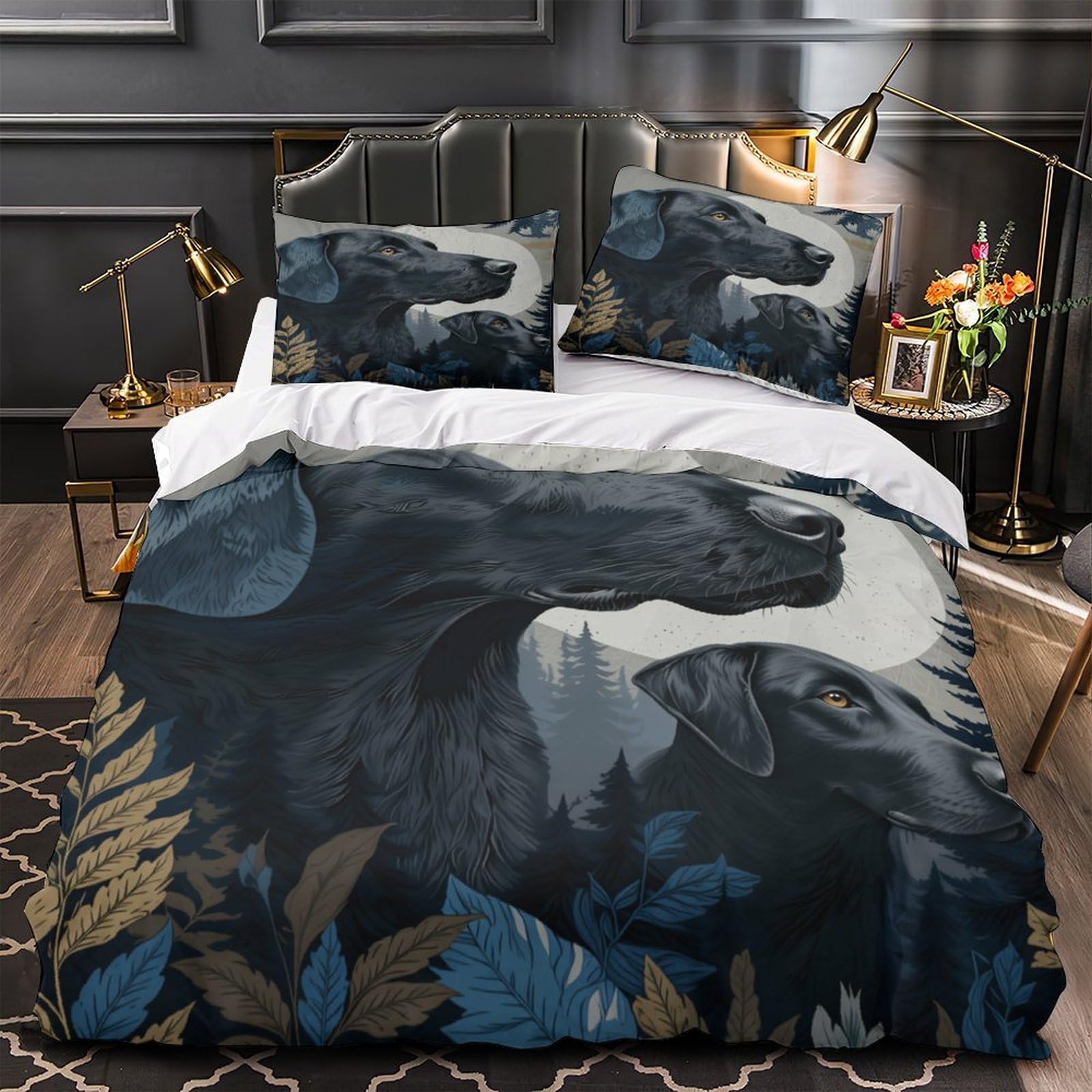 Parure de lit chien noir avec housse de couette 135x200cm en microfibre douce