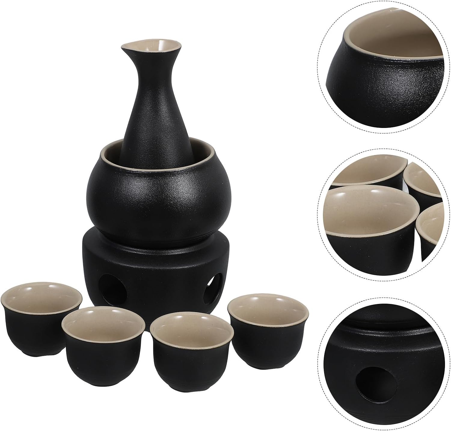 UKCOCO Ceramic Liquor Warming Kit Set with 300ml Pot and 45ml Traditional Japanese-style Sake Cups, Black Vintage Design with Comfortable Surface and Decorative End Table Function