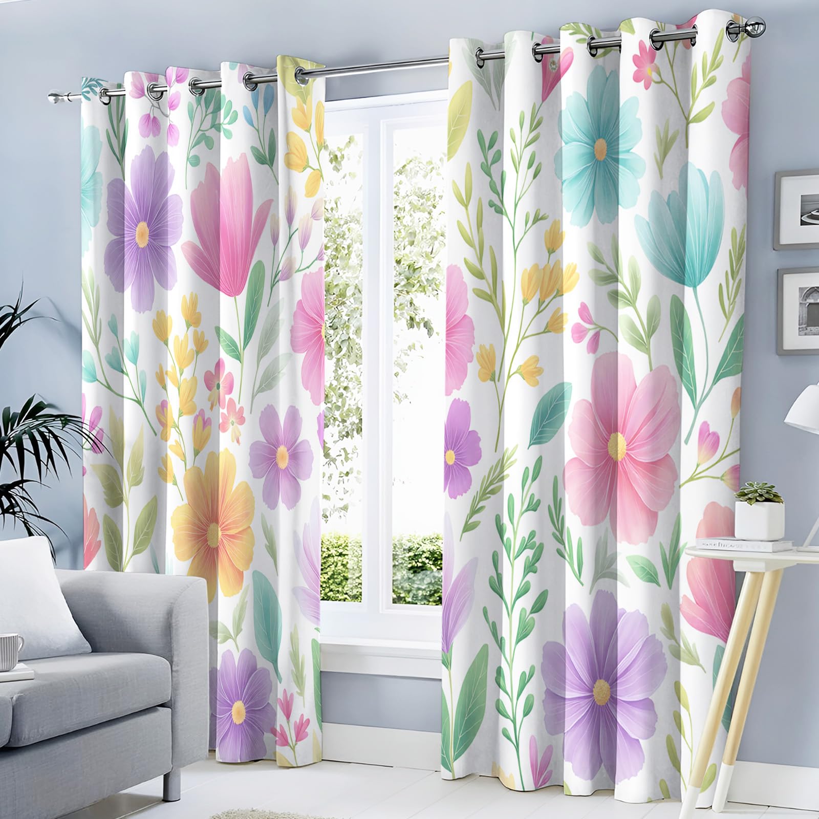 Rideau occultant thermique fleurs de printemps lot de 2 en 140x260cm pour chambre rose