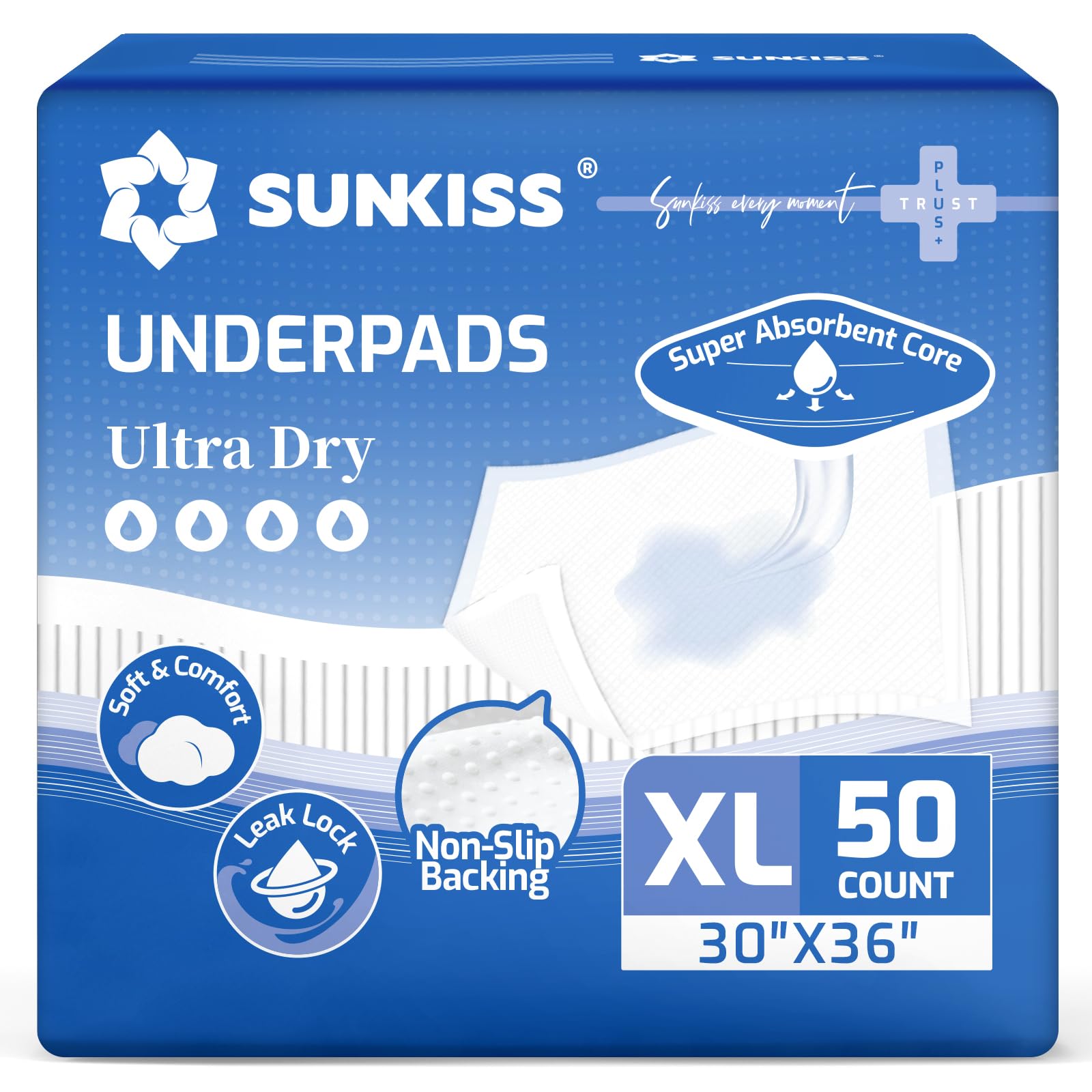 SUNKISS Empapadores Desechables 76 x 90 cm, 50 Unidades, Empapadores Absorbentes para Incontinencia Adultos, Absorción Rápida, Base Antideslizante, Protector de Cama