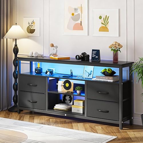 Miniatura 2 de Haewon Soporte de TV para televisores de hasta 65 pulgadas, centro de entretenimiento con luces LED y estación de carga, mesa consola multimedia de