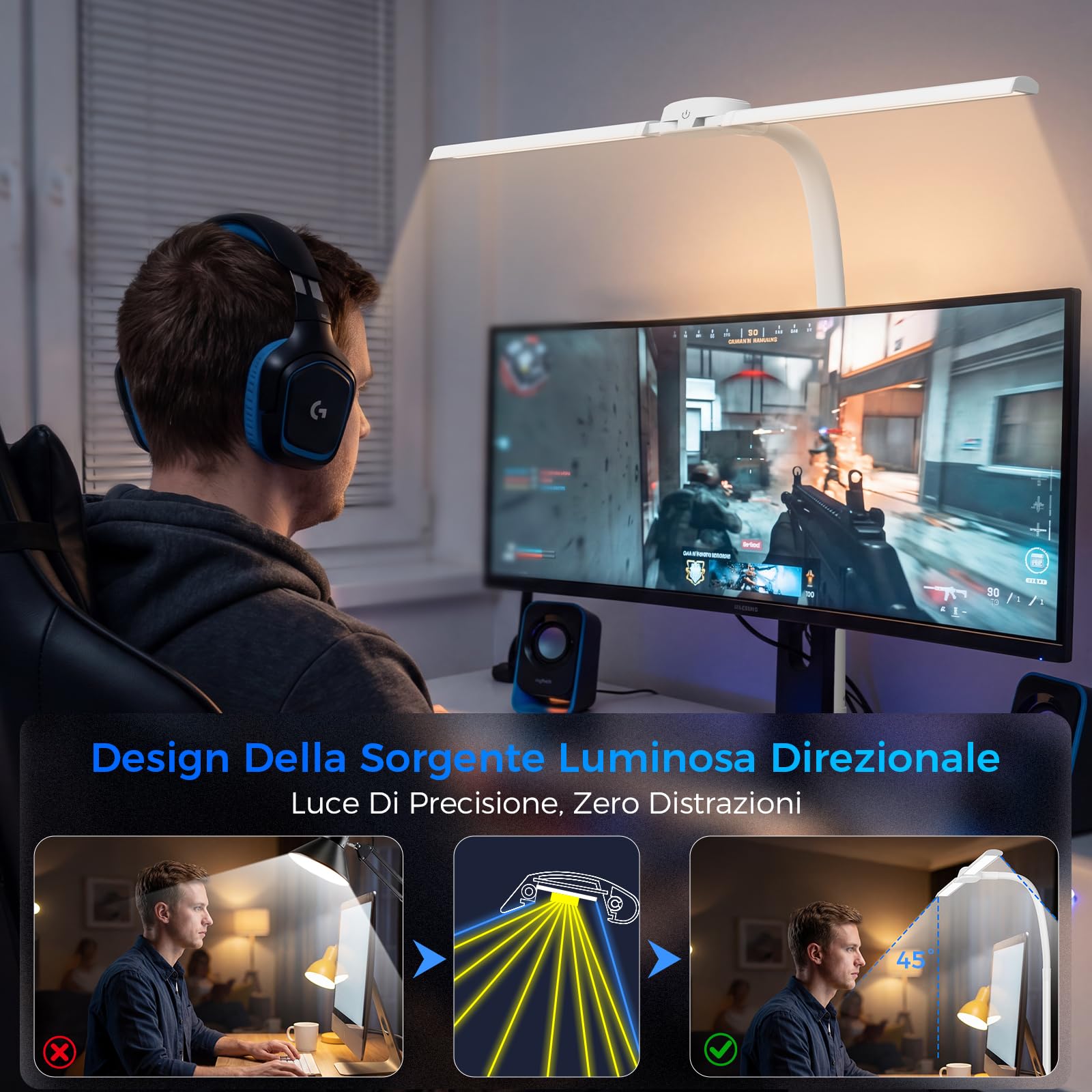 W01 Lampada da Scrivania a LED con Telecomando - 24W 1400LM 80CM Luce Scrivania Filo con Morsetto Lampada da Lettura Collo D'oca Regolabile, Porta di ricarica USB per Ufficio Studiare, Bianco