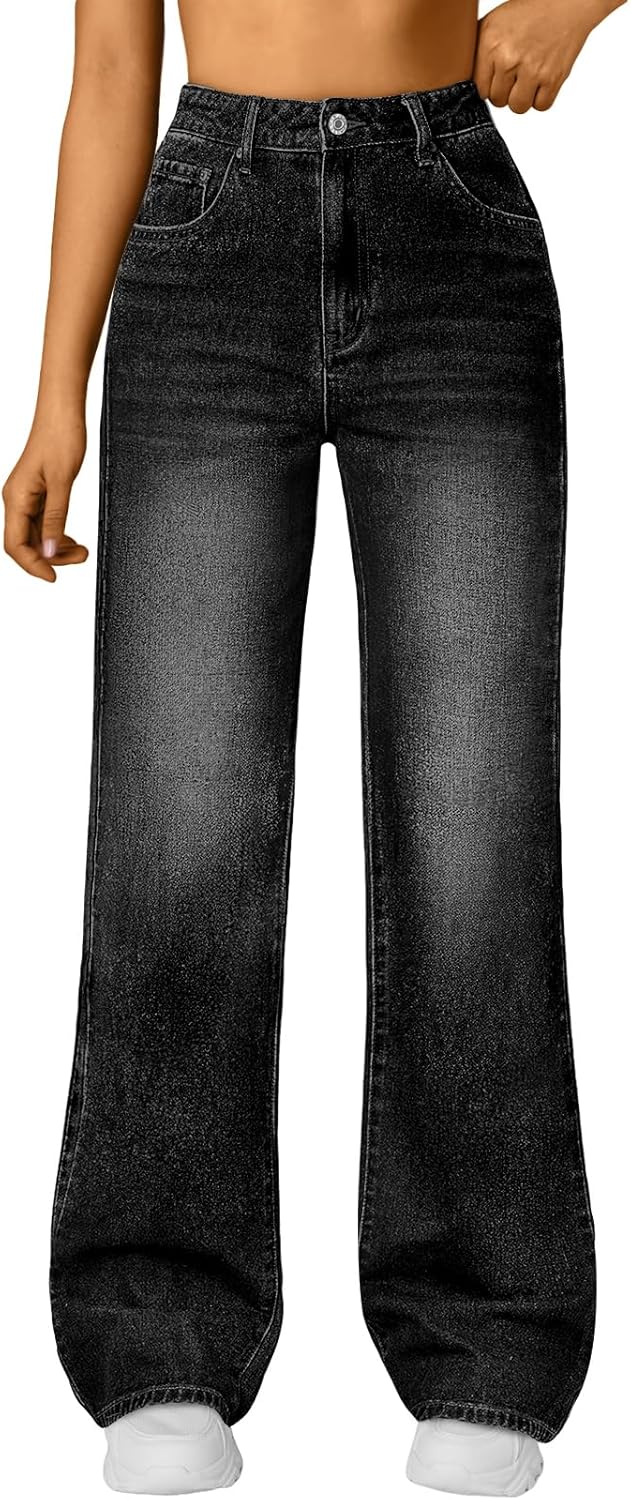 Trendy Queen Women's High Waisted Straight Wide Leg Jeans, Comfort Stretch Baggy Denim Pants