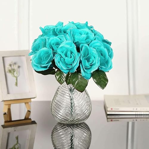 Miniatura 8 de Efavormart - Ramo de 14 rosas artificiales de terciopelo turquesa para bricolaje, arreglos florales, hogar, fiesta, jardín, centros de mesa