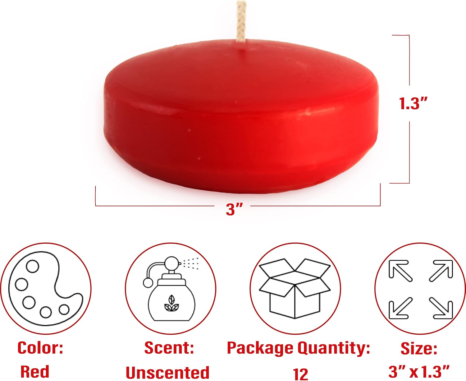 Unscented Floating Candles | Large 3 Inch - Fits in 3 Inch Vase and Above | Red | Floats On Water | Pack of 12