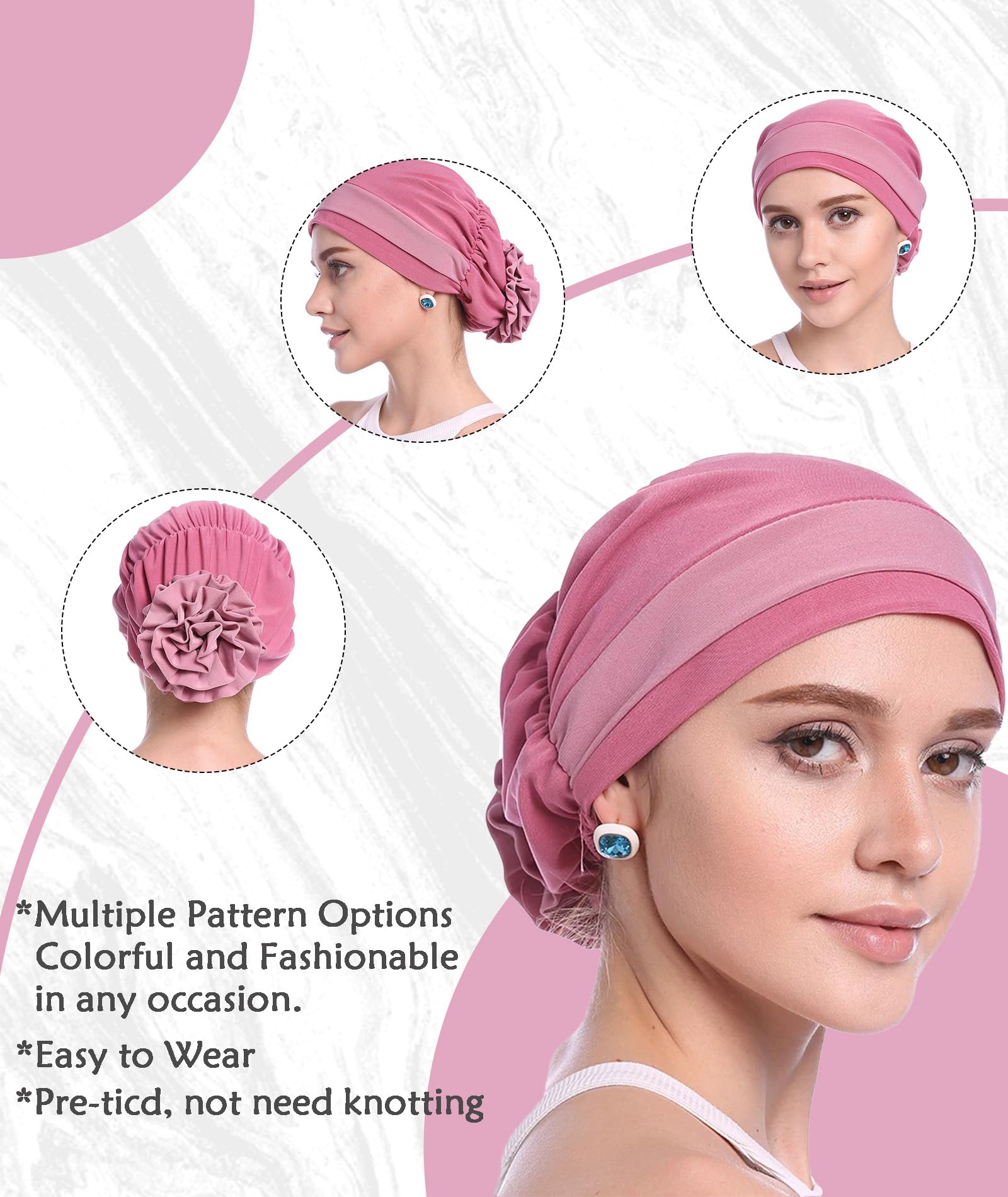 NHCDFA Chemo Caps for Women, Hijab Caps for Women Cotton Stretchy Turban Cap for Flower Headwear Head Wrap Ladies Skull Cap for Cancer Beanie Hat Head Covering Pink 3