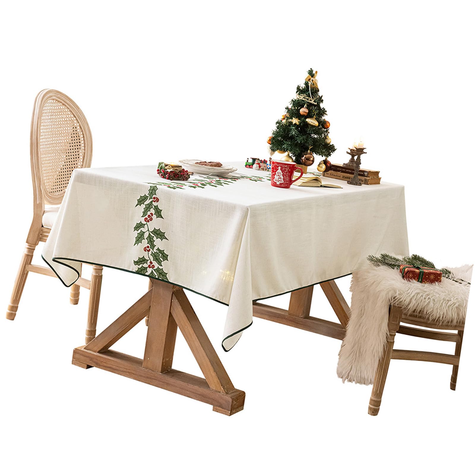Buxuaaaa Christmas Themed Embroidered Tablecloth Polyester Linen Materials Christmas Tablecloth