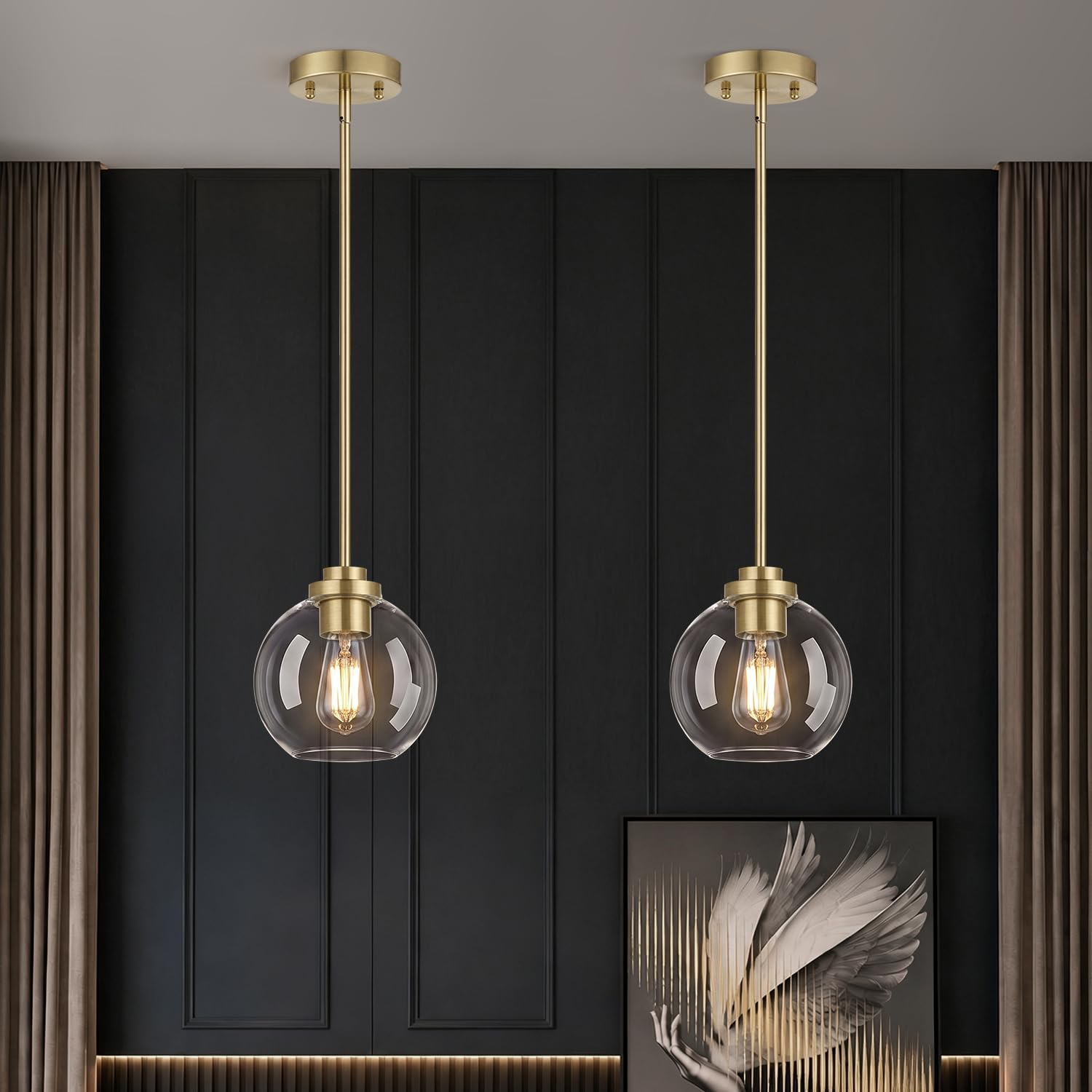2 Pack Gold Globe Pendant Lights, Mid Century Gold Pendant Light Fixtures, Globe Pendant Lights Kitchen Island with Clear Glass Shade Adjustable Hanging Fixture for Dining Room (Bulbs not Included)