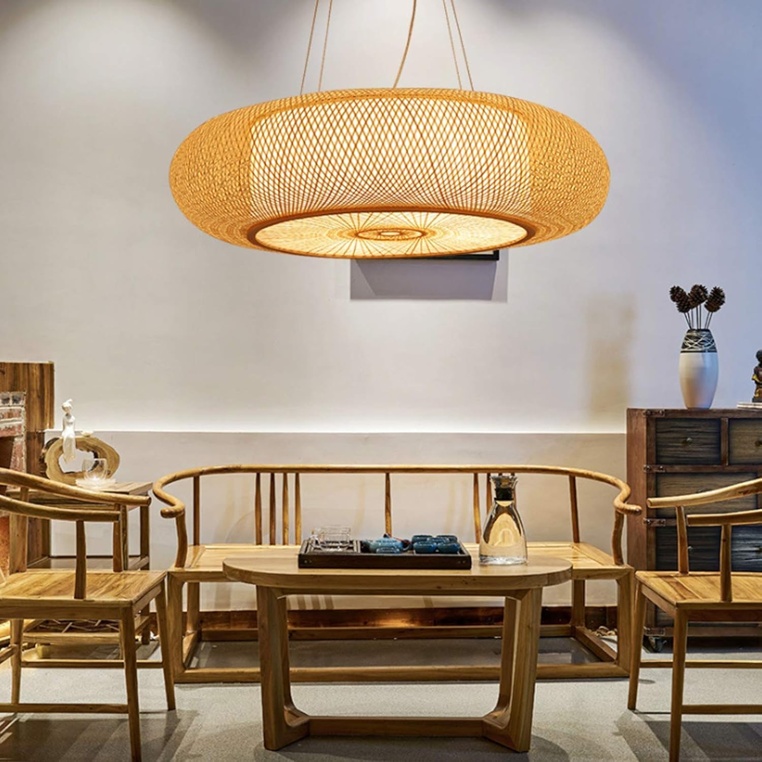 COCOL Retro Bambus Gewebte Lampe Land Hängelampe Handgewebte Deckenlampe Höhenverstellbare E27 Pendellampe Korridor Schlafzimmer Wohnzimmer Beleuchtung Pendelleuchte Esszimmer Dekorative Lampe,60cm