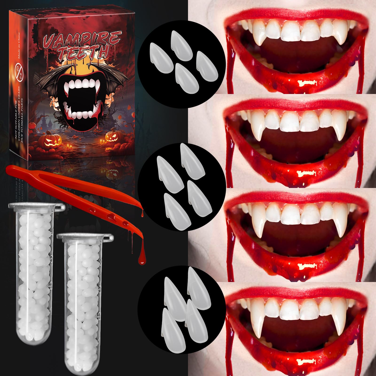 CPSYUB Vampire Teeth Fangs - 6 Pairs 3 Sizes Kids Vampire Fangs Halloween Accessories Party Cosplay Props Sharp Fake Teeth with Glue Kids Men Women Gift