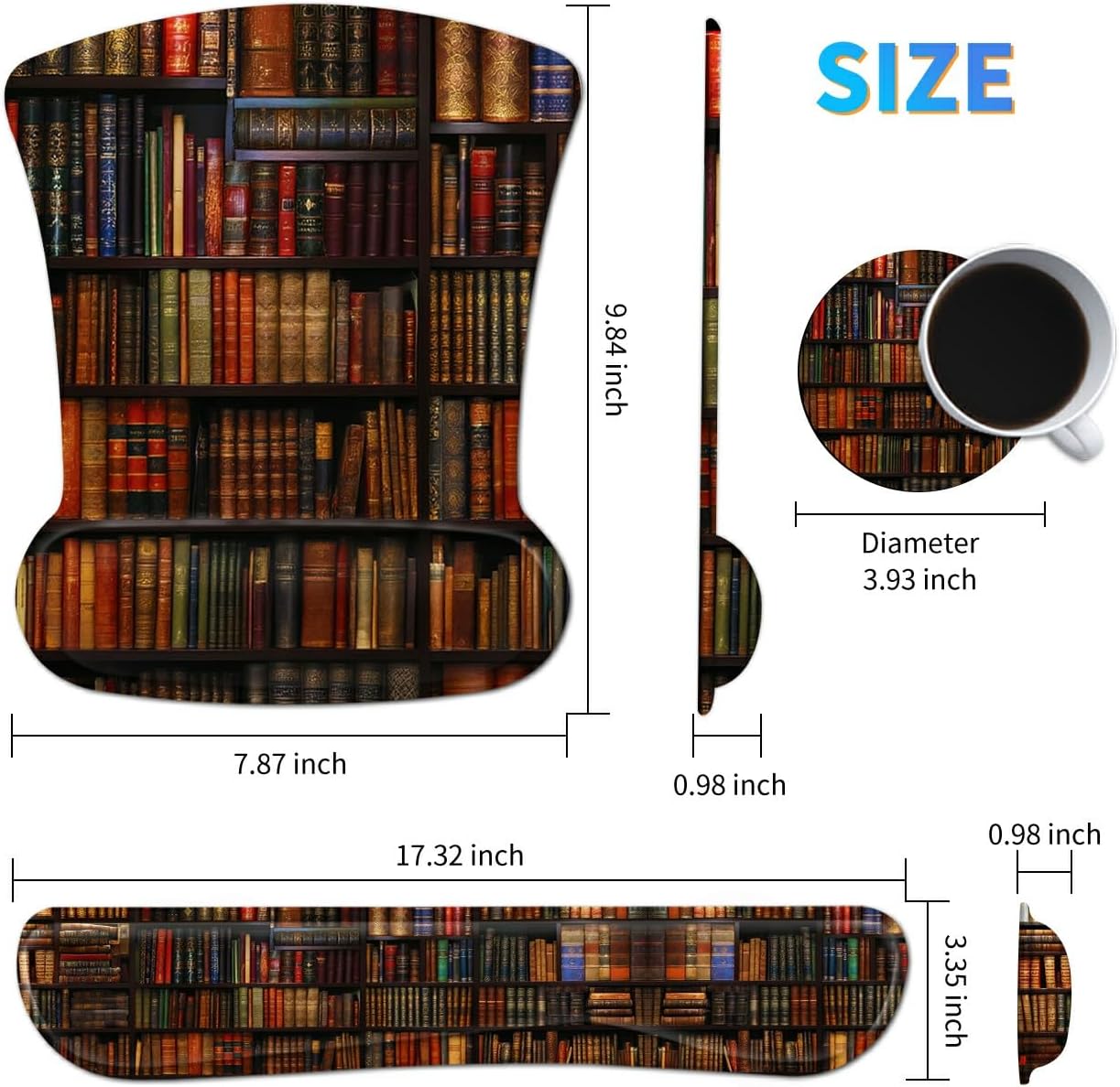 Ergonomic Mouse Pad with Wrist Support Gel Mousepads and Upgrade Keyboard Wrist Rest Pad Set, Coasters Non-Slip PU Base Mouse Mat for Office Gaming Computer Laptop Home, Library Books