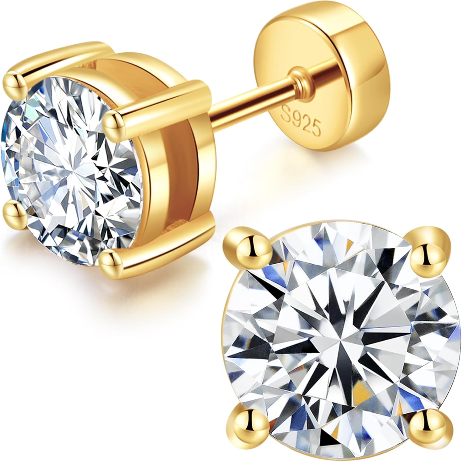 14K Gold Plated 925 Sterling Silver Moissanite Stud Flat Back Earrings for Women 0.06ct-2ct DF Color Brilliant Round Cut Jewelry Gifts